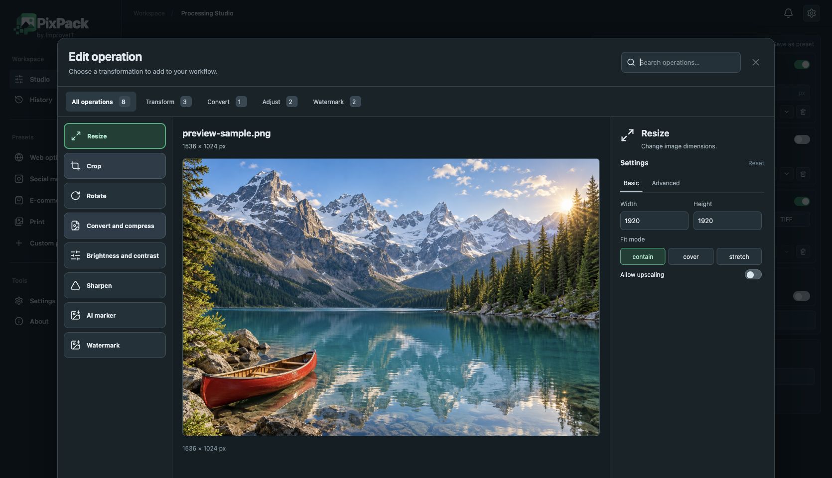 PixPack — live operation preview